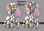  1girl android aqua_eyes breasts closed_eyes commentary_request grey_background h1p-h0p8888 highres large_breasts looking_at_viewer looking_back mechanical_backbone original parts_exposed pink_hair robot_joints science_fiction translation_request 