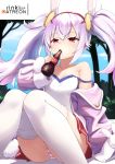  1girl animal_ears artist_name azur_lane bangs bare_shoulders blurry blurry_background blush bottle bunny_ears camisole commentary depth_of_field drinking eyebrows_visible_through_hair hair_between_eyes hair_ornament hairband highres holding holding_bottle jacket knees_together_feet_apart laffey_(azur_lane) lo_xueming long_hair long_sleeves open_clothes open_jacket panties pink_hair pink_jacket red_eyes red_hairband sidelocks solo strap_slip striped striped_panties thighhighs twintails underwear white_camisole white_legwear 