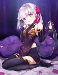  1girl bangs bare_shoulders bbci black_legwear blush breasts commentary earrings eyebrows_visible_through_hair fate/grand_order fate_(series) hair_ribbon highres jewelry kama_(fate/grand_order) kneeling looking_at_viewer pillow pink_ribbon purple_pillow red_eyes ribbon short_hair silver_hair small_breasts smile solo thighhighs 