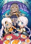  3girls :d ahoge azur_lane beret blue_eyes book breasts chibi cleavage codeblueocean cola commentary_request drinking_straw fish food glass hat heart heart-shaped_pupils heart_in_mouth heterochromia indianapolis_(azur_lane) jacket long_hair multiple_girls ocean open_mouth plate portland_(azur_lane) side_ponytail silver_hair smile sushi symbol-shaped_pupils translation_request twintails yellow_eyes z46_(azur_lane) 