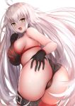  1girl ahoge ass bangs bare_shoulders bikini black_bikini black_gloves blush breasts choker fate/grand_order fate_(series) gloves hair_between_eyes highres jeanne_d&#039;arc_(alter_swimsuit_berserker) jeanne_d&#039;arc_(fate)_(all) john_zhang large_breasts long_hair looking_at_viewer looking_back open_mouth red_legwear silver_hair simple_background single_thighhigh solo swimsuit thigh_strap thighhighs thighs very_long_hair white_background yellow_eyes 