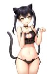  1girl :p animal_ears bell black_hair breasts cat_ears cat_lingerie cat_tail choker cleavage cowboy_shot en&#039;en_no_shouboutai highres jingle_bell meme_attire navel panties paw_pose side-tie_panties simple_background solo sony_kisaragi tail tamaki_kotatsu tongue tongue_out twintails underwear white_background yellow_eyes 