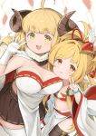  2girls :/ :d anila_(granblue_fantasy) bangs bead_bracelet beads blonde_hair blunt_bangs bracelet breasts brown_legwear cape cleavage draph eyebrows_visible_through_hair feathers feff672166 flat_chest fur_cape granblue_fantasy hair_beads hair_feathers hair_ornament hair_ribbon harvin highres horns jewelry large_breasts long_hair mahira_(granblue_fantasy) midriff miniskirt multiple_girls navel open_mouth pelvic_curtain pointy_ears red_eyes ribbon short_eyebrows skirt smile thick_eyebrows thighhighs v very_long_hair waving white_legwear wide_sleeves yellow_eyes zettai_ryouiki 