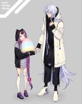  1boy 1girl absurdres braid cotton_candy fate/grand_order fate_(series) grin highres holding_finger hood hooded_coat hoodie jacket long_hair medusa_(lancer)_(fate) merlin_(fate) namakawa one_eye_closed pointing purple_eyes purple_hair rider shoes silver_hair sleeves_past_wrists smile sneakers thighhighs very_long_hair white_legwear 