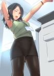  1girl :d armpits arms_up black_hair black_legwear breasts brown_legwear brown_skirt commentary_request copy_machine cowboy_shot crotch_seam from_below green_eyes highres id_card indoors kyuuso_inukami long_hair looking_at_viewer looking_down medium_breasts office_lady open_mouth original panties panties_under_pantyhose pantyhose pantyshot pantyshot_(standing) pencil_skirt skirt sleeveless smile solo standing stretch underwear upskirt watch white_panties wristwatch 