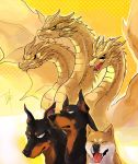  closed_eyes comparison doberman dog fangs godzilla:_king_of_the_monsters godzilla_(series) horns kaijuu king_ghidorah king_ghidorah_(godzilla:_king_of_the_monsters) long_neck monster multiple_heads scales serious shiba_inu smile spikes spines tongue tongue_out tsk03 wings 