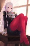  1girl aiguillette arm_support bangs black_jacket black_shorts blue_eyes cait cape closed_mouth commentary cravat crossed_ankles desk edelgard_von_hresvelg feet fire_emblem fire_emblem:_three_houses floating_hair garreg_mach_monastery_uniform gloves grey_hair hair_ornament hair_ribbon hand_up highres jacket long_hair long_sleeves looking_at_viewer no_shoes pantyhose parted_bangs purple_ribbon red_cape red_legwear ribbon shorts sidelocks sitting sleeve_cuffs solo sunset uniform wind window 