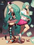  2girls absurdres aqua_hair argyle argyle_legwear arm_at_side arms_behind_back back-to-back bare_shoulders bless_your_breath_(vocaloid) blue_eyes blurry blurry_background braid breasts bug butterfly character_doll circle clenched_hand detached_sleeves diamond_(shape) doll expressionless facepaint fingernails full_body glasses glowing glowing_butterfly gumihiko hat hatsune_miku highres holding holding_staff insect jewelry loafers long_hair long_sleeves looking_at_viewer magical_mirai_(vocaloid) master_(vocaloid) mini_hat mini_top_hat mismatched_legwear multiple_girls number_tattoo open_mouth outstretched_hand pink_skirt pleated_skirt red-framed_eyewear ribbon ring semi-rimless_eyewear shadow shiny shiny_hair shirt shoes shoulder_tattoo single_braid skirt sleeveless small_breasts socks spotlight staff standing standing_on_one_leg striped striped_legwear tattoo teeth thighhighs top_hat twitter_username upper_teeth very_long_hair vocaloid white_footwear white_shirt zettai_ryouiki 