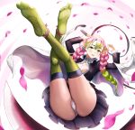  1girl :d ankle_ribbon ass bangs belt blush braid breasts cleavage collared_shirt feet full_body gradient_hair greem_bang green_eyes green_hair green_legwear haori highres holding holding_sword holding_weapon japanese_clothes kanroji_mitsuri katana kimetsu_no_yaiba large_breasts legs_up long_hair long_sleeves looking_at_viewer mole mole_under_eye multicolored_hair no_shoes open_clothes open_mouth panties partially_unbuttoned petals pink_hair pleated_skirt ribbon shirt sidelocks skirt smile soles solo sweat sword thighhighs thighs underwear uniform weapon white_panties 