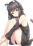  1girl animal_ear_fluff animal_ears anklet bangs bare_legs bare_shoulders barefoot black_dress blue_eyes blush braid breasts brown_hair cat_ears cat_girl cat_tail detached_sleeves dress eyebrows_visible_through_hair french_braid hair_ribbon heterochromia jewelry keiran_(ryo170) knees_up long_hair looking_at_viewer original own_hands_together parted_lips purple_ribbon ribbon sideboob simple_background sitting small_breasts solo tail very_long_hair white_background yellow_eyes 