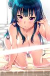  arms_up bangs bare_arms bare_shoulders blue_hair blurry blush breasts closed_mouth commentary hair_bun highres large_breasts long_hair looking_at_viewer love_live! love_live!_sunshine!! nude purple_eyes solo sunlight tem10 tsushima_yoshiko water 