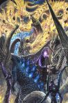  100megagna battle crossover dark_sky debris epic eva_01 fangs flying ghidorah_(godzilla:_the_planet_eater) glowing glowing_eyes godzilla godzilla:_king_of_the_monsters godzilla:_planet_of_the_monsters godzilla_(legendary) godzilla_(series) godzilla_(shin) godzilla_earth highres kaijuu king_ghidorah king_ghidorah_(godzilla:_king_of_the_monsters) mecha monster multiple_heads multiple_persona neon_genesis_evangelion rock shin_godzilla spines tail 