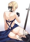  1girl artoria_pendragon_(all) artoria_pendragon_(swimsuit_rider_alter) ass backless_dress backless_outfit bare_shoulders black_dress black_gloves black_ribbon blonde_hair braid choker commentary dress fate/grand_order fate/stay_night fate_(series) french_braid from_behind gloves hair_bun hair_ribbon highres iriehana looking_at_viewer nape ribbon ribbon_choker shoulder_blades sidelocks simple_background sitting solo sword thong weapon white_background yellow_eyes yokozuwari 