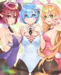  3girls :d animal_ears arisa_(shadowverse) armpit_peek ass bangs black_neckwear blonde_hair blue_eyes blue_hair blunt_bangs blush breasts bunny_ears bunny_tail bunnysuit cleavage closed_mouth commentary_request cowboy_shot cross-laced_clothes crossover detached_collar dragon_girl dragon_horns dragon_tail embarrassed eyebrows_visible_through_hair fake_animal_ears fake_tail fingernails fishnet_pantyhose fishnets food food_themed_background from_side frown fruit grea_(shingeki_no_bahamut) green_background green_eyes hair_between_eyes hair_ornament hair_ribbon hairband hand_up hands_up highres horns large_breasts leaf leaf_background leotard light_smile lime_(fruit) long_fingernails long_hair looking_at_viewer looking_back manaria_friends mini_necktie multiple_girls nail_polish necktie open_mouth pantyhose parted_bangs pink_hairband pink_leotard pink_nails pink_ribbon pointy_ears princess_connect! princess_connect!_re:dive pulled_by_self purple_eyes purple_hair purple_leotard raised_eyebrows re:zero_kara_hajimeru_isekai_seikatsu rem_(re:zero) ribbon scales shadowverse shingeki_no_bahamut shiny shiny_hair short_hair sideboob smile standing strap_pull tail thighband_pantyhose twisted_torso v very_long_hair waterring white_hairband white_leotard x_hair_ornament 