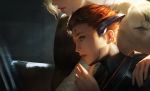  2girls arm_around_shoulder backlighting blonde_hair commentary eyelashes finger_to_chin from_side head_out_of_frame lips looking_afar mercy_(overwatch) moira_(overwatch) multiple_girls nose overwatch parted_lips realistic red_hair short_hair upper_body wang_chen 