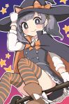  1girl animal_ears bangs blush boots broom broom_riding brown_footwear cat_ears cat_tail commentary dress eyebrows_visible_through_hair fake_animal_ears fake_tail frills gloves grey_eyes grey_hair hair_ribbon halloween halloween_costume hat highres kantai_collection long_hair long_sleeves ooshio_(kantai_collection) orange_neckwear pinafore_dress remodel_(kantai_collection) ribbon shirt short_twintails simoyuki sitting sleeveless sleeveless_dress smile solo star striped striped_legwear tail thighhighs twintails white_gloves white_shirt witch_hat 