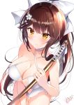  1girl absurdres azur_lane bare_arms bare_shoulders bokken bow breasts brown_eyes brown_hair cherry_blossoms choker cleavage closed_mouth commentary_request cowboy_shot criss-cross_halter flower frown hair_bow hair_flower hair_ornament halterneck heart highres holding holding_sword holding_weapon large_breasts long_hair looking_at_viewer nenobi_(nenorium) one-piece_swimsuit ponytail simple_background solo standing swimsuit sword takao_(azur_lane) takao_(beach_rhapsody)_(azur_lane) very_long_hair weapon white_background white_bow white_swimsuit wooden_sword 