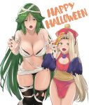  2girls ass_visible_through_thighs bandages bangs black_bra black_legwear black_nails black_panties bra breasts china_dress chinese_clothes claw_pose cleavage_cutout commentary detached_sleeves dress english_commentary fangs flat_chest ghost_pose green_eyes green_hair halloween_costume happy_halloween hat height_difference highres j@ck jiangshi jiangshi_costume kid_icarus kid_icarus_uprising large_breasts long_hair looking_at_viewer multiple_girls mummy_costume nachure nail_polish naked_bandage navel ofuda open_mouth palutena panties parted_bangs pelvic_curtain saliva short_dress spider_web_print strapless strapless_bra torn_clothes torn_legwear underwear very_long_hair 
