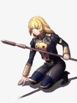  1girl bangs black_footwear blonde_hair blue_legwear blunt_bangs boots breasts clenched_teeth dirty_clothes dirty_face fire_emblem fire_emblem:_three_houses full_body garreg_mach_monastery_uniform green_eyes high_heel_boots high_heels highres ingrid_brandl_galatea knee_boots kneeling lance long_hair long_sleeves medium_breasts moyashi_mou2 pantyhose polearm shadow simple_background skirt solo spear teeth weapon white_background 