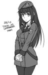  1girl beret character_name cosplay english_text female_commander_(girls_frontline) girls_frontline grifon&amp;kryuger hat highres inktober jacket long_hair looking_at_viewer m4a1_(girls_frontline) military military_jacket military_uniform monochrome ndtwofives necktie pantyhose solo uniform 