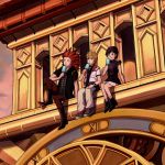 1girl 2boys arm_support black_hair blonde_hair blue_eyes boots clock clock_tower fettuchi food foot_dangle green_eyes highres ice_cream jacket jewelry kingdom_hearts kingdom_hearts_iii knee_up lea_(kingdom_hearts) licking licking_lips looking_afar multiple_boys outdoors popsicle red_hair ring roman_numerals roxas shoes short_hair sitting skirt sneakers spiked_hair sunset tongue tongue_out tower wristband xion_(kingdom_hearts) 