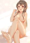  1girl :d areolae barefoot blush breasts brown_hair bunny_hair_ornament chouge60229 collarbone commentary crossed_legs feet foreshortening grey_eyes hair_censor hair_ornament hair_over_breasts hairclip hand_in_hair hand_up large_breasts legs long_hair looking_at_viewer nude open_mouth pov_feet round_teeth sakurajima_mai seishun_buta_yarou sitting smile soles solo symbol_commentary teeth thighs toenails toes upper_teeth very_long_hair 