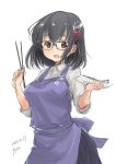  1girl artist_name bespectacled black_hair black_skirt brown_eyes chopsticks cowboy_shot dated dress_shirt fyuo glasses haguro_(kantai_collection) hair_ornament highres kantai_collection long_sleeves looking_at_viewer plate pleated_skirt purple_apron shirt short_hair simple_background skirt sleeves_rolled_up smile solo white_background white_shirt 