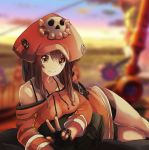  1girl adapted_costume bag_removed bare_shoulders bike_shorts black_gloves breasts brown_eyes brown_hair dress fingerless_gloves gloves guilty_gear guilty_gear_2020 hat highres looking_at_viewer lying may_(guilty_gear) medium_breasts off-shoulder_sweater off_shoulder on_side orange_headwear orange_shirt pirate_hat sergio_nhur shirt skull_and_crossbones smile solo spaghetti_strap sweater sweater_dress v 