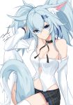  1girl animal_ear_fluff animal_ears ass bare_shoulders black_skirt blue_eyes blue_hair breasts buttons choker cleavage closed_mouth collarbone dated eyebrows_visible_through_hair fox_ears fox_girl fox_tail frown girls_frontline hair_ornament hair_ribbon hand_up knee_up long_hair long_sleeves looking_at_viewer medium_breasts miniskirt navel off_shoulder pa-15_(girls_frontline) ribbon shirt signature simple_background sitting skirt solo stomach tail thighhighs twintails twitter_username unel white_background white_legwear white_shirt 