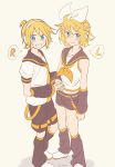  1boy 1girl alternate_hairstyle bangs bare_shoulders black_collar black_shorts black_sleeves blonde_hair blue_eyes blush bow closed_mouth collar collarbone commentary cosplay costume_switch crop_top detached_sleeves embarrassed full_body grin hair_bow hair_ornament hairclip hairstyle_switch headphones highres holding_hand kagamine_len kagamine_len_(cosplay) kagamine_rin kagamine_rin_(cosplay) leg_warmers looking_at_viewer m0ti neckerchief necktie open_mouth sailor_collar school_uniform shirt short_hair short_ponytail short_shorts short_sleeves shorts sleeveless sleeveless_shirt smile speech_bubble spiked_hair standing swept_bangs vocaloid white_bow white_shirt yellow_neckwear 