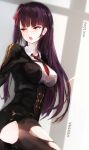  1girl artist_name ass bangs black_jacket black_legwear black_skirt blush braid breasts character_name commentary_request dyolf eyebrows_visible_through_hair girls_frontline hair_ribbon jacket long_hair medium_breasts necktie one_side_up open_mouth pantyhose purple_hair red_eyes red_neckwear red_ribbon revision ribbon round_teeth skirt solo teeth torn_clothes torn_legwear upper_teeth very_long_hair wa2000_(girls_frontline) 