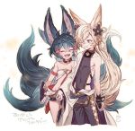  1boy 1girl animal_ears backless_outfit bandaged_arm bandages blue_hair closed_eyes erune feb_itk fox_boy fox_ears fox_girl fox_tail granblue_fantasy hair_over_one_eye holding_hands kou_(granblue_fantasy) large_tail multiple_tails off_shoulder open_mouth platinum_blonde_hair short_hair side-tie_legwear sideless_outfit smile tail you_(granblue_fantasy) 