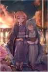  2girls absurdres age_difference alternate_costume arm_hug b_b_b_b66 backlighting bangs bench black_kimono blush breasts brown_hair closed_eyes closed_mouth cloud commentary evening eyebrows_visible_through_hair facial_scar fan flower frills full_body g11_(girls_frontline) geta girls_frontline green_kimono hand_on_lap height_difference highres holding holding_fan japanese_clothes kimono lens_flare long_hair long_sleeves looking_at_viewer multiple_girls obi off_shoulder open_clothes paper_fan pink_flower ponytail railing red_hair sash scar scar_across_eye sidelocks silver_hair sitting sky small_breasts smile sunlight sunset tabi twintails uchiwa ump9_(girls_frontline) very_long_hair white_legwear yukata 