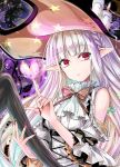  1girl azur_lane bangs bare_shoulders blunt_bangs braid candle commentary_request erebus_(azur_lane) eyebrows_visible_through_hair fingernails halloween hat heart index_finger_raised long_fingernails long_hair looking_at_viewer magic parted_lips pointy_ears red_eyes red_nails silver_hair solo star star_print very_long_hair witch_hat y2 