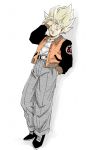  1boy alternate_color alternate_eye_color belt black_footwear blonde_hair casual commentary_request dragon_ball dragon_ball_z dutch_angle fenyon full_body grey_eyes grey_pants hand_in_hair hand_in_pocket happy jacket leaning leaning_back looking_away male_focus number pants pectorals shadow shirt simple_background smile son_gokuu spiked_hair standing super_saiyan twitter_username white_background white_shirt 