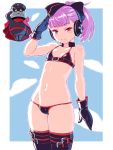  1girl automaton_(object) bangs bare_shoulders bikini blush bow breasts colonel_olcott_(fate/grand_order) commentary eyebrows_visible_through_hair fate/grand_order fate_(series) flat_chest garrison_cap gloves hair_bow hat headphones helena_blavatsky_(fate/grand_order) helena_blavatsky_(swimsuit_archer)_(fate) highres looking_at_viewer maikubakaa micro_bikini navel ponytail purple_eyes purple_gloves purple_hair salute smile solo swimsuit thighhighs tied_hair 