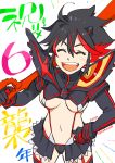  1girl :d ^_^ black_hair blush breasts carrying carrying_over_shoulder closed_eyes colorful cowboy_shot eyebrows_visible_through_hair from_above hand_on_hip happy holding holding_weapon kazaya kill_la_kill matoi_ryuuko medium_breasts messy_hair multicolored_hair navel number open_mouth red_hair revealing_clothes scissor_blade senketsu short_hair simple_background smile solo stomach streaked_hair translation_request twitter_username underboob weapon white_background 