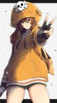  1girl backpack bag baggy_clothes bike_shorts black_gloves black_shorts blush brown_eyes brown_hair fingerless_gloves foguba gloves guilty_gear guilty_gear_2020 hair_between_eyes hat head_tilt highres hood hood_down long_hair looking_at_viewer may_(guilty_gear) orange_headwear orange_hoodie orange_shirt pirate_hat shirt shorts skull_and_crossbones smile solo thighs v white_background 