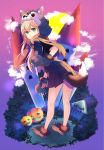  1girl animal_hood bangs black_skirt blonde_hair breasts closed_mouth cloud dog_hood dog_tail fake_tail fog full_body gloves green_eyes hair_ribbon halloween halloween_costume highres hood jack-o&#039;-lantern kantai_collection long_hair moon paw_gloves paw_shoes paws pleated_skirt purple_background ribbon sailor_collar school_uniform serafuku shoes short_sleeves skirt solo standing tail tombstone yukichi_(eikichi) yuudachi_(kantai_collection) 