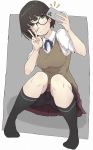  1girl black_legwear bob_cut breasts brown_eyes brown_hair cardigan cellphone collared_shirt eyebrows full_body glasses highres holding holding_cellphone holding_phone ina_(gokihoihoi) kneehighs large_breasts looking_at_viewer original phone red_skirt shirt short_hair short_sleeves skirt solo squatting v white_shirt 