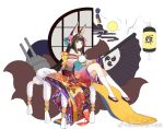  1girl animal_ears azur_lane bare_shoulders black_hair boqboq commentary_request crescent crescent_hair_ornament fan folding_fan fox_ears fox_tail hair_ornament holding japanese_clothes kimono kneehighs long_hair looking_at_viewer machinery multiple_tails nagato_(azur_lane) off-shoulder_kimono official_art simple_background sitting solo tail tiara translation_request turret weibo_logo weibo_username white_background white_legwear yellow_eyes 