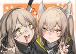  2girls animal_ears black_ribbon blood brown_hair closed_mouth dog_ears face girls_frontline green_eyes hair_between_eyes hair_ribbon knife knife_in_head kokokokokokoko32 long_hair looking_at_viewer multiple_girls open_mouth ribbon scar scar_across_eye teeth ump40_(girls_frontline) ump45_(girls_frontline) 