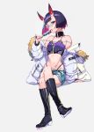  1girl alternate_costume bangs bare_shoulders belt black_legwear boots breasts coat corset crossed_legs denim denim_shorts eyelashes fate/grand_order fate_(series) food fur_trim hand_rest highres hikimayu horns looking_at_viewer midriff multicolored_hair navel off_shoulder olys oni open_mouth popsicle purple_eyes purple_hair short_hair shorts shuten_douji_(fate/grand_order) sitting sleeves_past_wrists small_breasts solo thong two-tone_hair winter_clothes winter_coat 