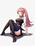  1girl bangs belt black_footwear blue_legwear blunt_bangs boots breasts dirty_clothes dirty_face fire_emblem fire_emblem:_three_houses full_body garreg_mach_monastery_uniform high_heel_boots high_heels highres hilda_valentine_goneril knee_boots knees_together_feet_apart long_hair medium_breasts miniskirt moyashi_mou2 neckerchief one_eye_closed open_mouth pink_eyes pink_hair scabbard shadow sheath sheathed simple_background sitting skirt sleeves_rolled_up solo sword thighhighs thighhighs_under_boots thighs twintails weapon white_background 