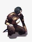  1boy belt black_hair dirty_face fire_emblem fire_emblem:_three_houses full_body garreg_mach_monastery_uniform gloves hair_over_one_eye highres hubert_von_vestra long_sleeves moyashi_mou2 pants scabbard shaded_face sheath sheathed short_hair simple_background solo squatting sword weapon white_background white_gloves 