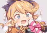  1girl blonde_hair blue_eyes blush bow candy candy_cane charlotta_fenia drooling ear_blush food gauntlets granblue_fantasy harvin heart heart-shaped_pupils heavy_breathing jingai_modoki mouth_drool pointy_ears sexually_suggestive symbol-shaped_pupils 