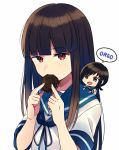  2girls bangs black_hair blue_neckwear blue_sailor_collar blunt_bangs brown_eyes chibi chibi_on_shoulder collared_shirt cookie eating food fubuki_(kantai_collection) hatsuyuki_(kantai_collection) hime_cut kantai_collection long_hair minigirl multiple_girls neckerchief on_shoulder oreo sailor_collar school_uniform serafuku shirt simple_background solo_focus upper_body white_background yukichi_(eikichi) 