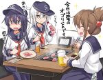  3girls akatsuki_(kantai_collection) alcohol anchor anchor_symbol beer beer_mug brown_hair chopsticks closed_eyes commentary_request cup drink eyebrows_visible_through_hair flat_cap folded_ponytail food hat heart hibiki_(kantai_collection) holding holding_chopsticks inazuma_(kantai_collection) indoors kantai_collection kokutou_nikke long_hair long_sleeves meat multiple_girls neckerchief open_mouth partially_translated plate ponytail purple_hair red_neckwear sailor_collar school_uniform serafuku shaded_face silver_hair sitting skirt sparkle sweat translation_request vodka 