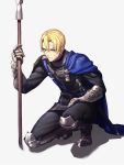  1boy armored_boots blonde_hair boots cape dimitri_alexandre_blaiddyd dirty_clothes dirty_face fire_emblem fire_emblem:_three_houses full_body garreg_mach_monastery_uniform gauntlets highres knee_boots lance long_sleeves moyashi_mou2 one_knee pants polearm scabbard shadow sheath sheathed short_hair silver_eyes simple_background solo spear sweatdrop sword weapon white_background 