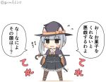  1girl animal_ears asashio_(kantai_collection) asashio_(kantai_collection)_(cosplay) black_cape black_headwear brown_eyes cane cape cat_ears cat_tail chibi commentary cosplay dress full_body goma_(yoku_yatta_hou_jane) hat kantai_collection kasumi_(kantai_collection) long_hair open_mouth pinafore_dress remodel_(kantai_collection) side_ponytail silver_hair simple_background solo standing striped striped_legwear tail translated twitter_username wavy_mouth white_background witch_hat 